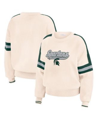 WEAR by Erin Andrews - Women's Cream Michigan State Spartans Chenille Woven Patch Stripe Pullover Sweater