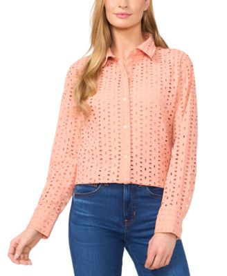 CeCe - Women's Collared Button-Front Eyelet Blouse
