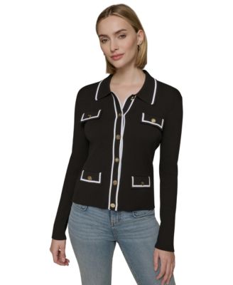 KARL LAGERFELD PARIS - Women's Contrast-Trim Four-Pocket Cardigan