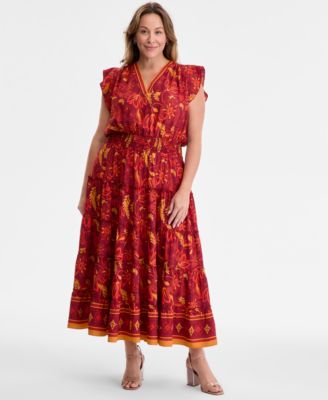 Vince Camuto - Plus Size Printed Smocked-Waist Flutter-Sleeve Maxi Dress