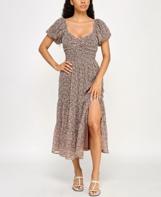 Trixxi - Juniors' Printed Sweetheart Puff-Sleeve Midi Dress