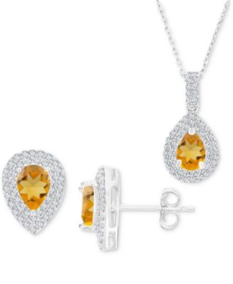 Macy's - 2-Pc. Set Citrine (1-7/8 ct. t.w.) & Lab-Grown White Sapphire (1 ct. t.w.) Teardrop Halo Pendant Necklace & Matching Stud Earrings in Sterling Silver