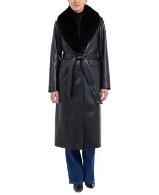 Michael Kors - Women's Faux-Fur-Trim Faux-Leather Trench Coat