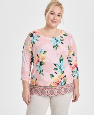 JM Collection - Plus Size Grateful Jacquard 3/4-Sleeve Top