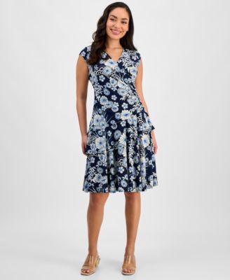 Robbie Bee - Petite Printed Jersey Cap-Sleeve A-Line Dress