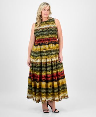 Anne Klein - Plus Size Printed Smocked-Bodice Tiered Dress