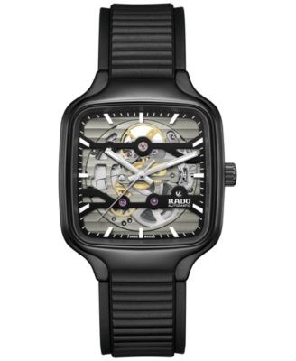 Rado - Unisex Swiss Automatic True Square Skeleton Black Rubber Strap Watch 38mm
