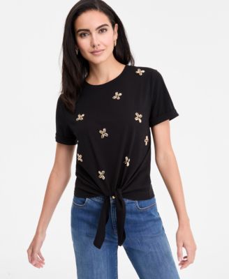 I.N.C. International Concepts - Women's Embellished Cotton Tie-Front T-Shirt, Exclusively at Macy's