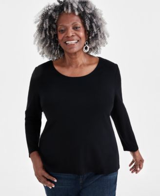 Style & Co - Plus Size Scoop-Neck Long-Sleeve Cotton Top