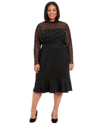 London Times - Plus Size Beaded Illusion Mock-Neck Midi Dress
