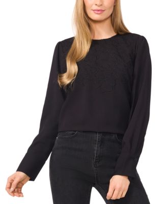 CeCe - Women's Round-Neck Long-Sleeve Floral-Eyelet Top