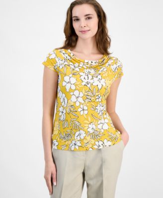Kasper - Women's Floral-Print Cowlneck Cap-Sleeve Top