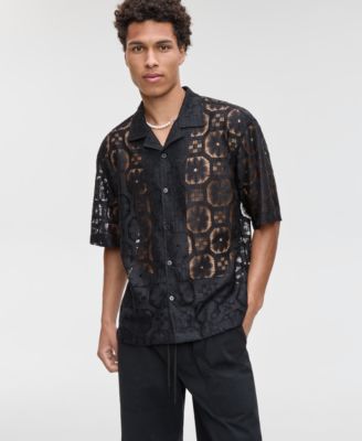 Mode of One - Men's Relaxed-Fit Textured Geometric Lace Button-Down Camp Shirt