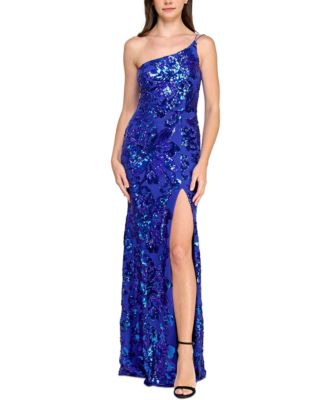 Crystal Doll - Juniors' One-Shoulder Floral-Sequin Gown