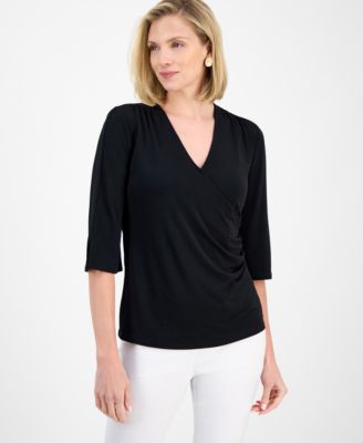 JM Collection - Women's Surplice-Neck Faux-Wrap Top